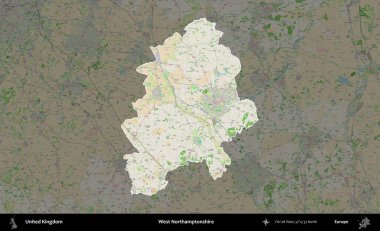 Batı Northamptonshire. Birleşik Krallık 'ın idari alanı koyu renk bir OpenStreetMap Fransız tarzı haritada altı çizilmiş ve özetlenmiştir