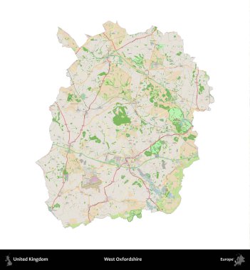 Batı Oxfordshire. Birleşik Krallık 'ın idari alanı bir OpenStreetMap Fransız tarzı haritada beyazda izole edildi
