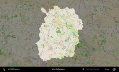 Batı Oxfordshire. Birleşik Krallık 'ın idari alanı koyu renk bir OpenStreetMap Fransız tarzı haritada altı çizilmiş ve özetlenmiştir