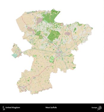 Batı Suffolk. Birleşik Krallık 'ın idari alanı bir OpenStreetMap Fransız tarzı haritada beyazda izole edildi