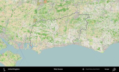 Batı Sussex. Bir OpenStreetMap Fransız tarzı haritada Birleşik Krallık 'ın özetlenmiş idari alanı