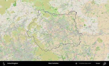 Batı Yorkshire. Bir OpenStreetMap Fransız tarzı haritada Birleşik Krallık 'ın özetlenmiş idari alanı