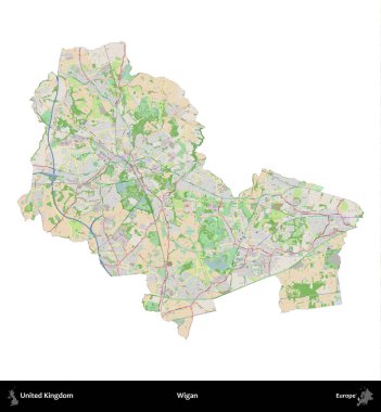 Wigan. Birleşik Krallık 'ın idari alanı bir OpenStreetMap Fransız tarzı haritada beyazda izole edildi