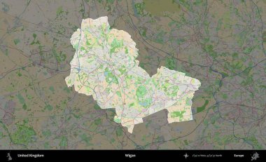 Wigan. Birleşik Krallık 'ın idari alanı koyu renk bir OpenStreetMap Fransız tarzı haritada altı çizilmiş ve özetlenmiştir