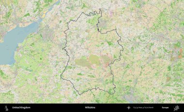 Wiltshire 'da. Bir OpenStreetMap Fransız tarzı haritada Birleşik Krallık 'ın özetlenmiş idari alanı
