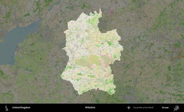 Wiltshire 'da. Birleşik Krallık 'ın idari alanı koyu renk bir OpenStreetMap Fransız tarzı haritada altı çizilmiş ve özetlenmiştir