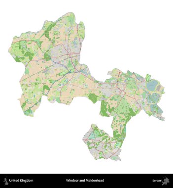 Windsor ve Maidenhead. Birleşik Krallık 'ın idari alanı bir OpenStreetMap Fransız tarzı haritada beyazda izole edildi