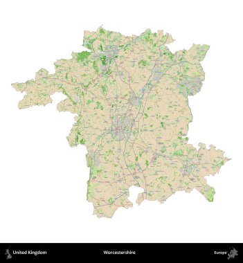 Worcestershire 'da. Birleşik Krallık 'ın idari alanı bir OpenStreetMap Fransız tarzı haritada beyazda izole edildi