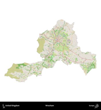 Wrexham. Birleşik Krallık 'ın idari alanı bir OpenStreetMap Fransız tarzı haritada beyazda izole edildi