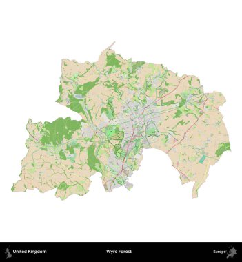 Wyre Ormanı. Birleşik Krallık 'ın idari alanı bir OpenStreetMap Fransız tarzı haritada beyazda izole edildi