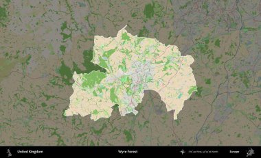 Wyre Ormanı. Birleşik Krallık 'ın idari alanı koyu renk bir OpenStreetMap Fransız tarzı haritada altı çizilmiş ve özetlenmiştir