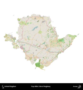 Anglesey 'li Ynys Mon Adası. Birleşik Krallık 'ın idari alanı bir OpenStreetMap Fransız tarzı haritada beyazda izole edildi