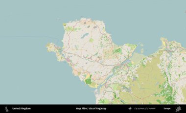 Anglesey 'li Ynys Mon Adası. Bir OpenStreetMap Fransız tarzı haritada Birleşik Krallık 'ın özetlenmiş idari alanı