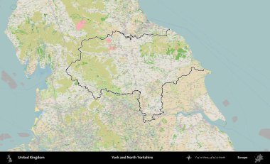 York ve Kuzey Yorkshire. Bir OpenStreetMap Fransız tarzı haritada Birleşik Krallık 'ın özetlenmiş idari alanı