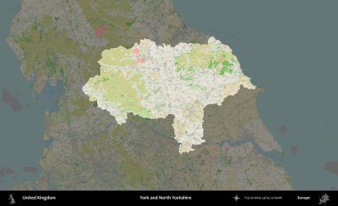 York ve Kuzey Yorkshire. Birleşik Krallık 'ın idari alanı koyu renk bir OpenStreetMap Fransız tarzı haritada altı çizilmiş ve özetlenmiştir