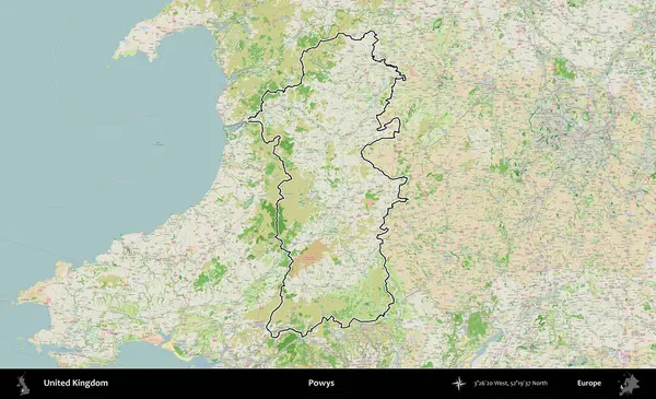 Powys. Bir OpenStreetMap Fransız tarzı haritada Birleşik Krallık 'ın özetlenmiş idari alanı