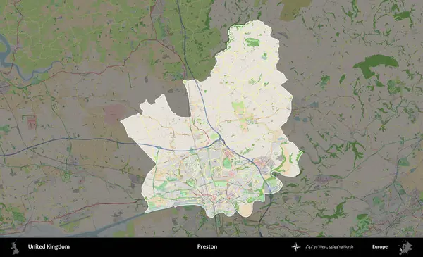 Preston. Birleşik Krallık 'ın idari alanı koyu renk bir OpenStreetMap Fransız tarzı haritada altı çizilmiş ve özetlenmiştir