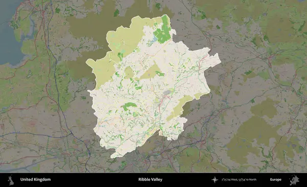 Ribble Vadisi. Birleşik Krallık 'ın idari alanı koyu renk bir OpenStreetMap Fransız tarzı haritada altı çizilmiş ve özetlenmiştir