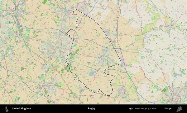 Ragbi. Bir OpenStreetMap Fransız tarzı haritada Birleşik Krallık 'ın özetlenmiş idari alanı