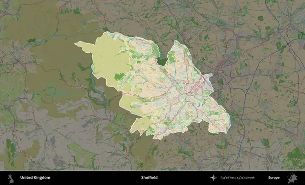 Sheffield. Birleşik Krallık 'ın idari alanı koyu renk bir OpenStreetMap Fransız tarzı haritada altı çizilmiş ve özetlenmiştir