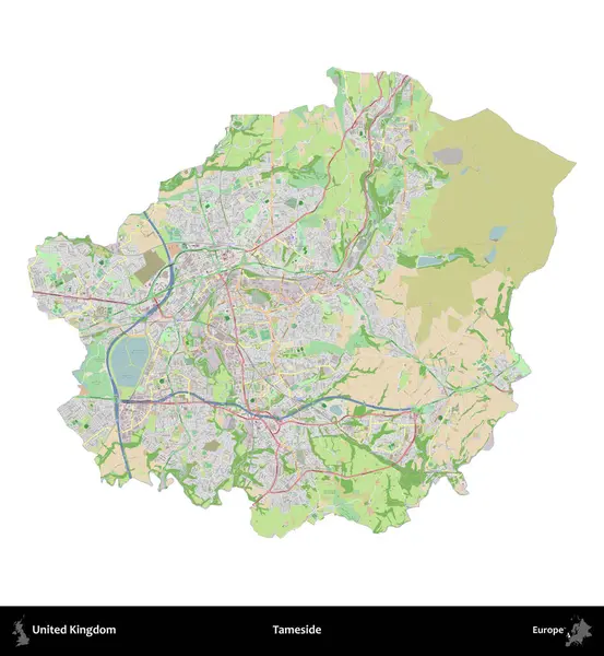 Tameside 'da. Birleşik Krallık 'ın idari alanı bir OpenStreetMap Fransız tarzı haritada beyazda izole edildi