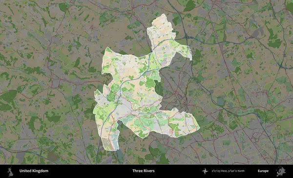 Üç Nehir. Birleşik Krallık 'ın idari alanı koyu renk bir OpenStreetMap Fransız tarzı haritada altı çizilmiş ve özetlenmiştir