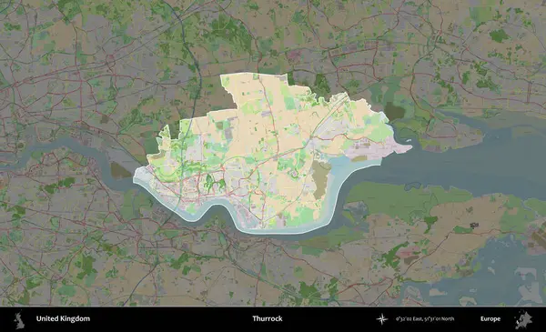 Thurrock. Birleşik Krallık 'ın idari alanı koyu renk bir OpenStreetMap Fransız tarzı haritada altı çizilmiş ve özetlenmiştir