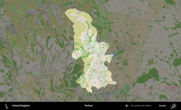 Torfaen. Birleşik Krallık 'ın idari alanı koyu renk bir OpenStreetMap Fransız tarzı haritada altı çizilmiş ve özetlenmiştir
