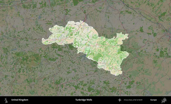 Tunbridge Wells 'de. Birleşik Krallık 'ın idari alanı koyu renk bir OpenStreetMap Fransız tarzı haritada altı çizilmiş ve özetlenmiştir