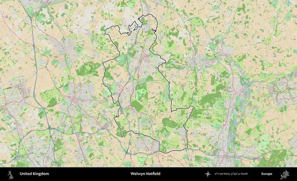 Welwyn Hatfield. Bir OpenStreetMap Fransız tarzı haritada Birleşik Krallık 'ın özetlenmiş idari alanı
