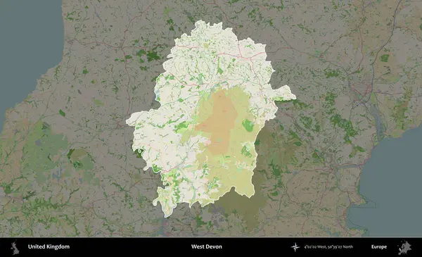 Batı Devon. Birleşik Krallık 'ın idari alanı koyu renk bir OpenStreetMap Fransız tarzı haritada altı çizilmiş ve özetlenmiştir