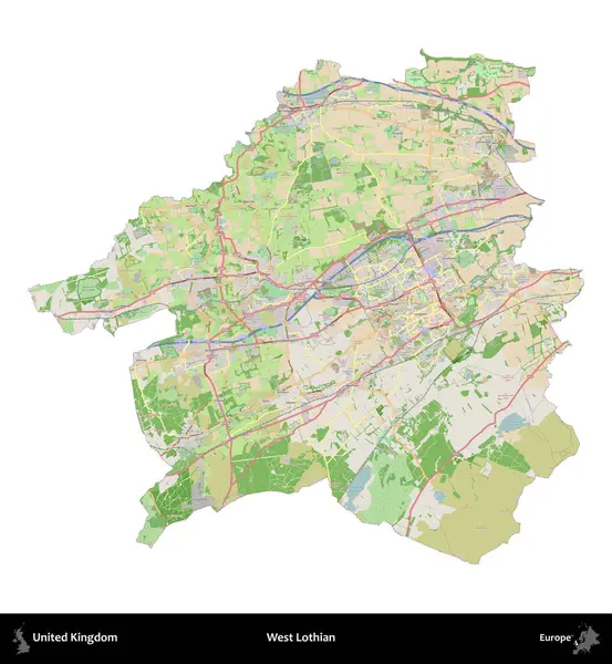 Batı Lothian. Birleşik Krallık 'ın idari alanı bir OpenStreetMap Fransız tarzı haritada beyazda izole edildi