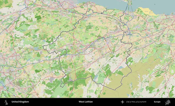 Batı Lothian. Bir OpenStreetMap Fransız tarzı haritada Birleşik Krallık 'ın özetlenmiş idari alanı