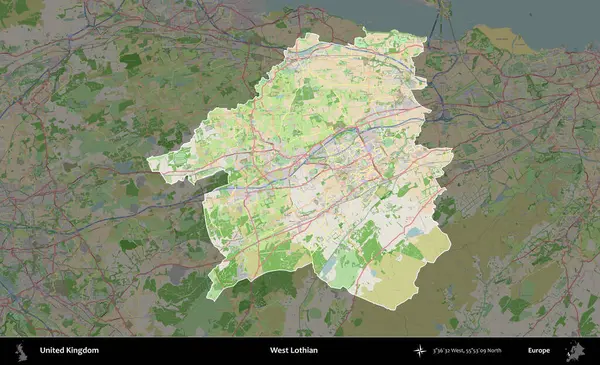 Batı Lothian. Birleşik Krallık 'ın idari alanı koyu renk bir OpenStreetMap Fransız tarzı haritada altı çizilmiş ve özetlenmiştir