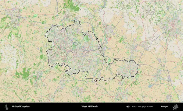 Batı Midlands. Bir OpenStreetMap Fransız tarzı haritada Birleşik Krallık 'ın özetlenmiş idari alanı