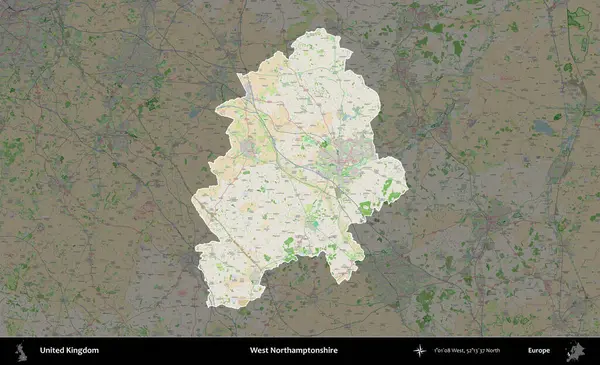 Batı Northamptonshire. Birleşik Krallık 'ın idari alanı koyu renk bir OpenStreetMap Fransız tarzı haritada altı çizilmiş ve özetlenmiştir
