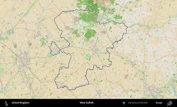 Batı Suffolk. Bir OpenStreetMap Fransız tarzı haritada Birleşik Krallık 'ın özetlenmiş idari alanı