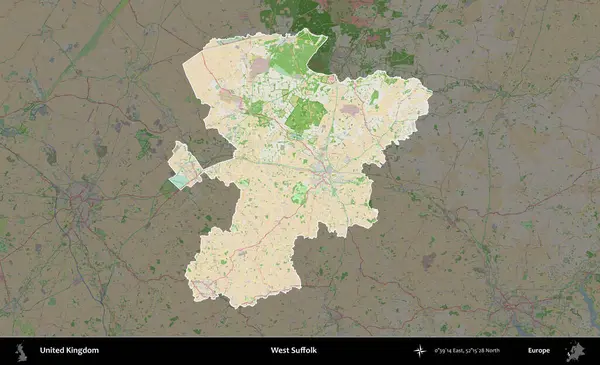 Batı Suffolk. Birleşik Krallık 'ın idari alanı koyu renk bir OpenStreetMap Fransız tarzı haritada altı çizilmiş ve özetlenmiştir