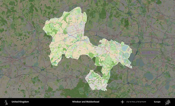 Windsor ve Maidenhead. Birleşik Krallık 'ın idari alanı koyu renk bir OpenStreetMap Fransız tarzı haritada altı çizilmiş ve özetlenmiştir