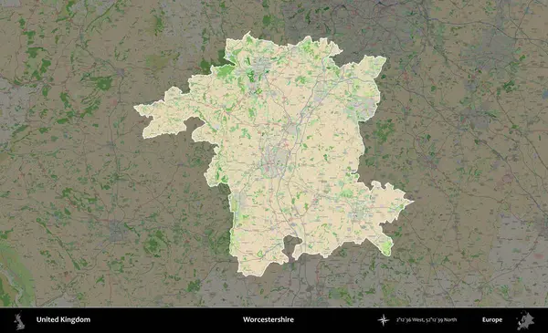 Worcestershire 'da. Birleşik Krallık 'ın idari alanı koyu renk bir OpenStreetMap Fransız tarzı haritada altı çizilmiş ve özetlenmiştir