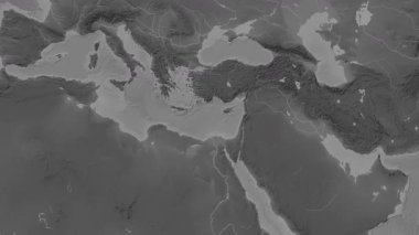 Patterson silindirik projeksiyonunda dünyanın gri ölçekli yükseklik haritasının arka planında Levantine Denizi bölgesi