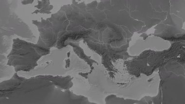 Adriyatik Denizi. Patterson silindirik projeksiyonundaki gri ölçekli yükseklik haritasında konum diyagramı