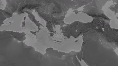 Ege Denizi. Patterson silindirik projeksiyonundaki gri ölçekli yükseklik haritasında konum diyagramı