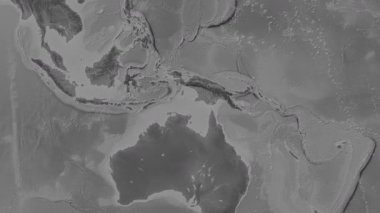 Arafura Denizi. Patterson silindirik projeksiyonundaki gri ölçekli yükseklik haritasında konum diyagramı