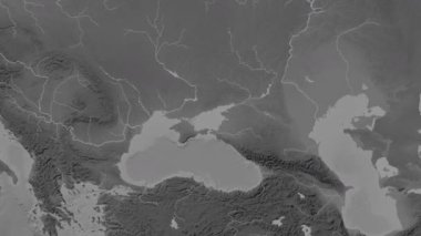 Azov Denizi. Patterson silindirik projeksiyonundaki gri ölçekli yükseklik haritasında konum diyagramı