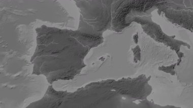 Balear Denizi. Patterson silindirik projeksiyonundaki gri ölçekli yükseklik haritasında konum diyagramı