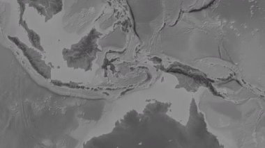 Banda Denizi. Patterson silindirik projeksiyonundaki gri ölçekli yükseklik haritasında konum diyagramı