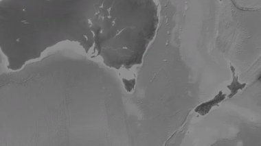 Bass Boğazı. Patterson silindirik projeksiyonundaki gri ölçekli yükseklik haritasında konum diyagramı