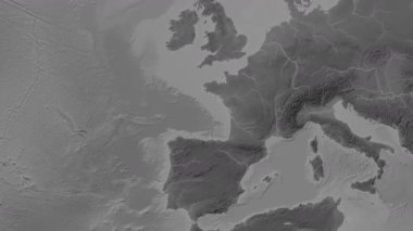 Biscay Körfezi. Patterson silindirik projeksiyonundaki gri ölçekli yükseklik haritasında konum diyagramı