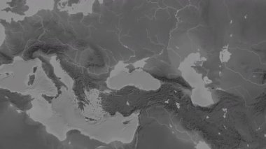 Karadeniz. Patterson silindirik projeksiyonundaki gri ölçekli yükseklik haritasında konum diyagramı